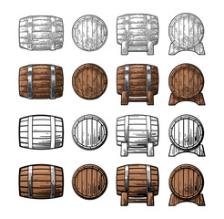 Wooden barrel with metal hoops. Color and black vintage engraving vector illustration. Isolated on white background. Hand drawn design element for label and poster