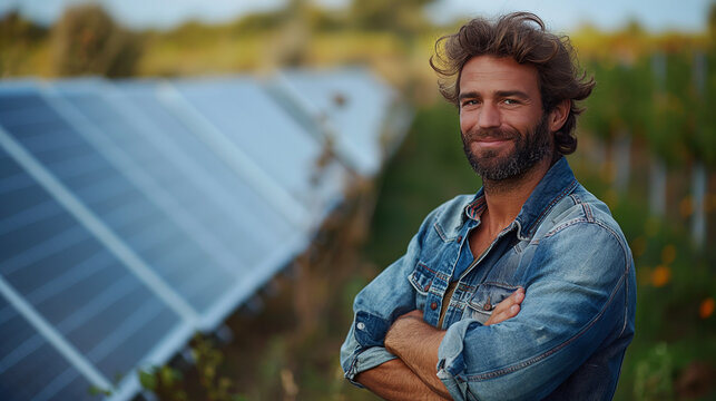 Solar energy enthusiast in front of photovoltaic panels, reflecting personal commitment to environmental sustainability. Knowledge, green power, and innovation. Solar passion.