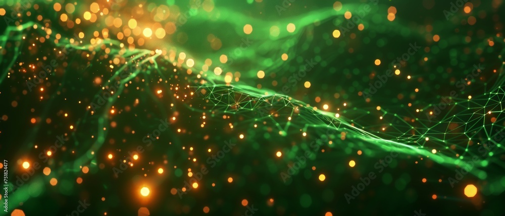 Poster network data visualization with glowing connections on green background