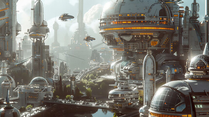 Shot of a Futuristic Self-Driving flying robot cars in sky, modern city of robots , Smart city user interface with icon, stats and data 3d rendering, robots, 22 century