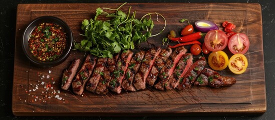 A modern wooden cutting board topped with a juicy steak and fresh, colorful veggies like tomatoes, bell peppers, and zucchinis.