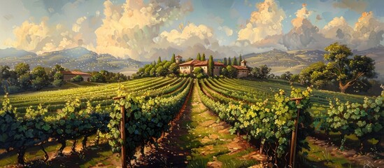 A painting of a vineyard with rows of green vines under a cloudy sky. - obrazy, fototapety, plakaty