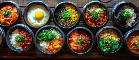 A collection of bowls sitting on a wooden table, each filled with different types of food such as salads, rice, fruits, and pasta.