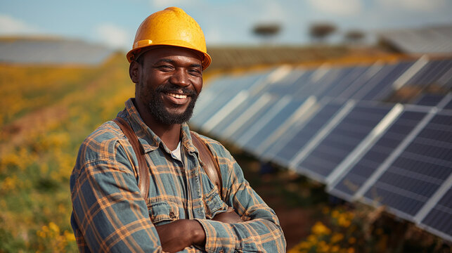 Solar industry professional foregrounds a solar farm, embodying the fusion of nature and technology for a sustainable future. Passion and expertise. Solar mission.