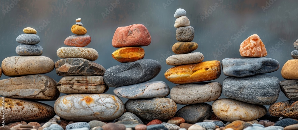 Poster a collection of rocks stacked skillfully on top of each other to form a neat and orderly pile.