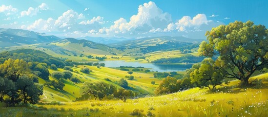 A detailed painting of a valley adorned with lush trees and majestic mountains in the background, capturing the beauty of nature.