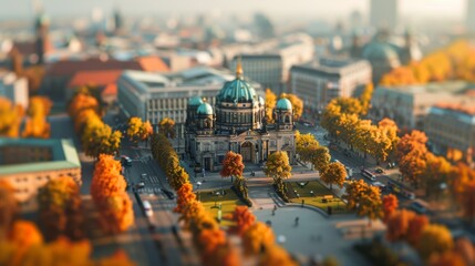 Fototapety  Tilt-shift photography of the Berlin. Top view of the city in postcard style. Miniature houses, streets and buildings