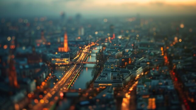 Tilt-shift photography of the Berlin. Top view of the city in postcard style. Miniature houses, streets and buildings