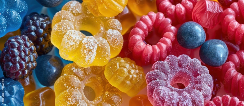 Poster vibrant gummy bears in assorted colors arranged in a group next to each other.