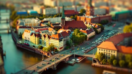 Fototapety  Tilt-shift photography of the Berlin. Top view of the city in postcard style. Miniature houses, streets and buildings