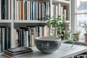 A minimalist black and white bookshelf display. Interior design.