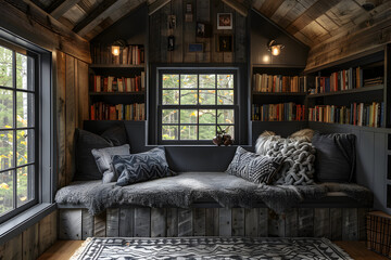 A cozy black and white reading nook. Interior design.