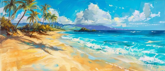Tropical beach painting with palm trees and crystal blue waters