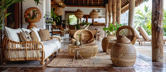 A living room bursting with various wicker furniture pieces like chairs, tables, and baskets, creating a cozy and textured space.