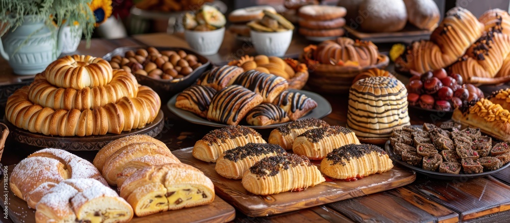 Poster a table covered with an array of various types of freshly baked pastries.