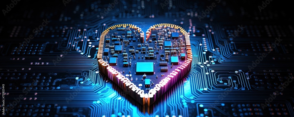 Poster heart shape computer cell phone micro chips. valentine motherboard. data ram. circuitry processor. t