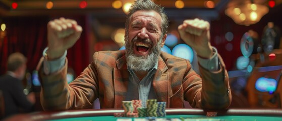 Jubilant man celebrating a win at the casino with chips on table
