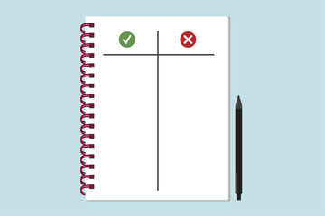 Pros and cons list on spiral notebook. Comparison of good and bad in decision making process. Flat vector graphic illustration. 