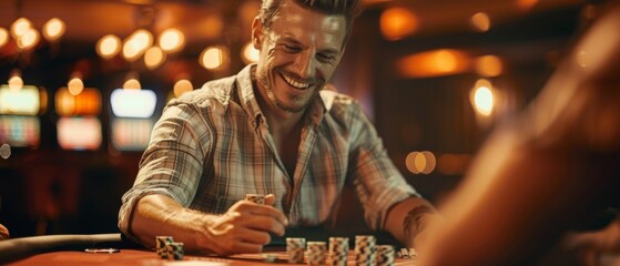 Naklejka premium Jubilant man celebrating a win at the casino with chips on table