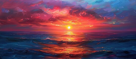A painting showing the sun slowly setting over the vast ocean, casting warm colors across the sky and water.