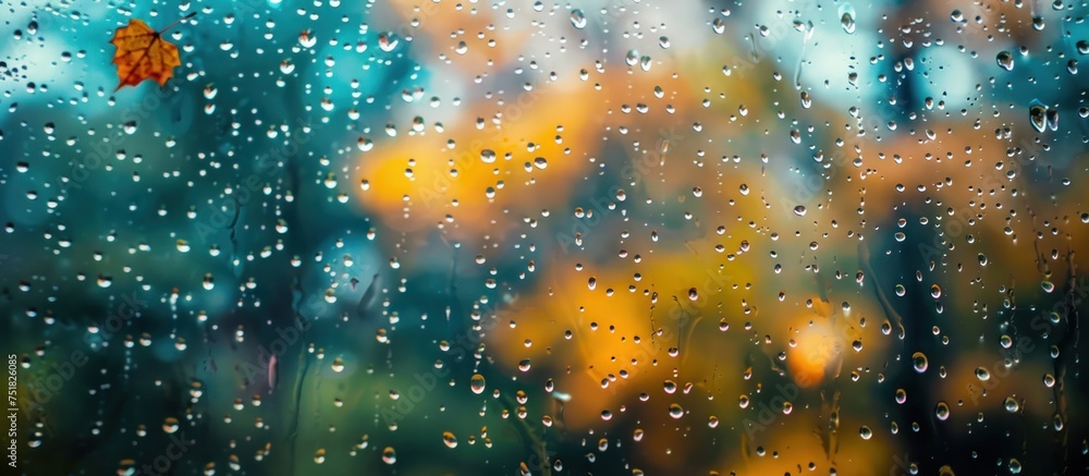 Poster raindrops from autumn weather gently tap against a window, creating a soothing pattern.