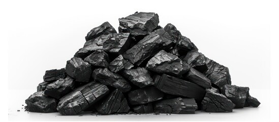 A pile of black coal sharply contrasted against a white background. The coal is in a heap, showing its dark and textured surface.