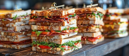 A neat pile of sandwiches stacked on a wooden table, presenting a delicious and tempting array of...