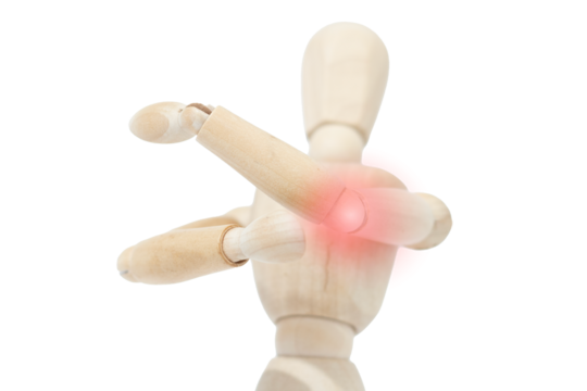 A wooden man suffering from elbow pain. Joint pain. Discomfort from ailment. - Powered by Adobe