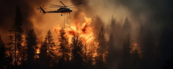 Zelfklevend Fotobehang Fire helicopter extinguishes forest © Svitlana