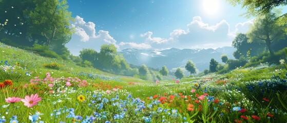 Lush meadow with vibrant wildflowers and trees under blue sky