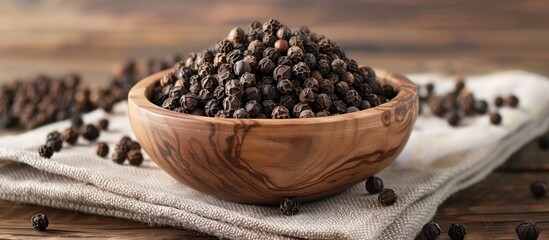 A wooden bowl filled with black peppercorns placed on top of a white towel. - Powered by Adobe