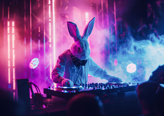 A white Easter dj rabbit plays music in a nightclub. Animal as a human.