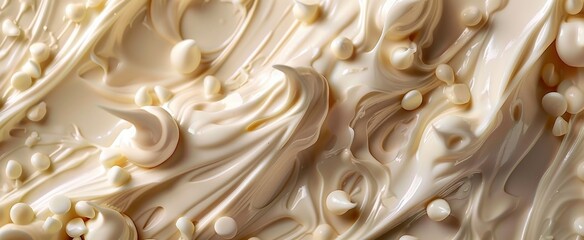 Whirls of white chocolate cream with scattered milk beads on a soft backdrop.