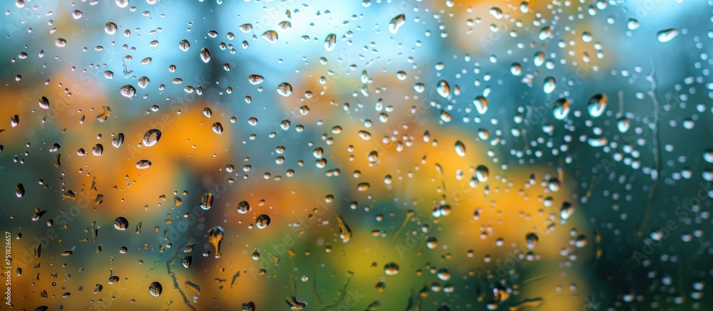 Poster raindrops from autumn weather tap against a window, creating a soothing and calming sight.