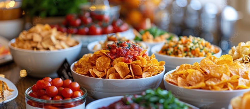 Poster a table is set with an array of bowls each containing different types of food.