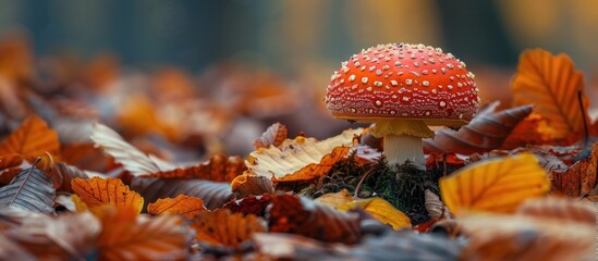 A red mushroom with white dots sitting on top of a pile of leaves in a woodland setting.