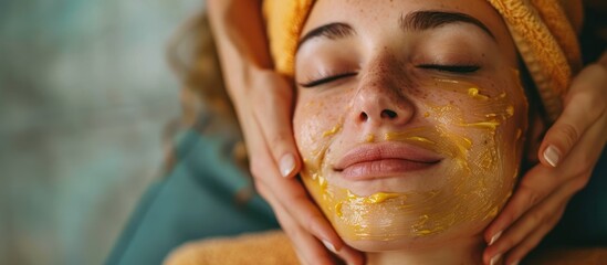 A woman is having a facial mask applied to her face during a skincare treatment. - obrazy, fototapety, plakaty