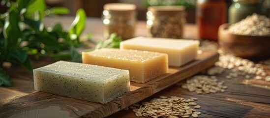 Three bars of soap, including Exquisite Soap and Oa, displayed neatly on a wooden cutting board. - obrazy, fototapety, plakaty