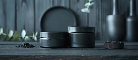 A couple of glass jars are placed on a black wooden table. The jars are clear, filled with unknown contents, and have metal lids. The table is simple and sturdy, serving as a stable base for the jars.