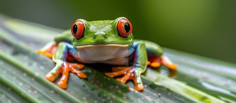 A green frog with red eyes perched on a leaf.