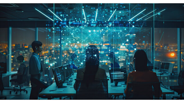 Successful team of office workers in Group, people working and communicating together in creative advanced technology office