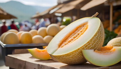 Melon half and slice in bazaar with empty price signboard to text, selective focus