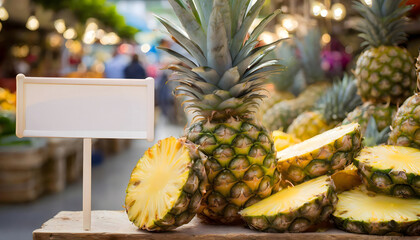 Pineapple (ananas) in bazaar with empty price signboard to text, selective focus