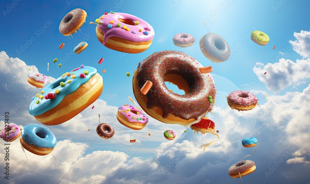 Wall mural flying donuts. mix of multicolored doughnuts