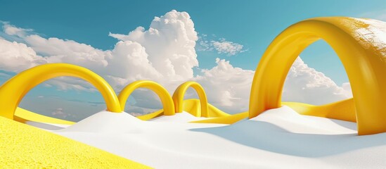 yellow arches and white clouds in the blue sky