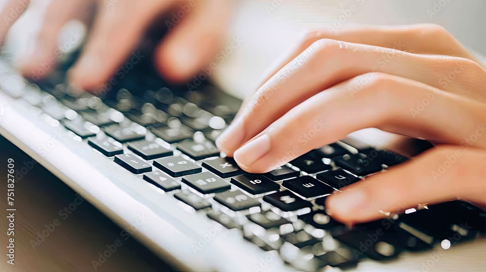 Poster a close-up view of a persons hands typing on a keyboard, focusing on the keys being pressed and fing