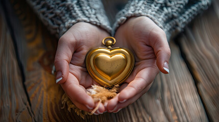 A persons hands holding a shiny gold heart symbol