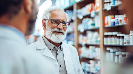 Fototapeta na wymiar A bearded elderly pharmacist in a white coat shares advice with a client, surrounded by shelves of medications in a pharmacy