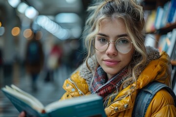 A young adult female reading a book in a library setting with a focused expression