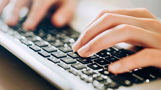A close-up view of a persons hands typing on a keyboard, focusing on the keys being pressed and fingers moving swiftly